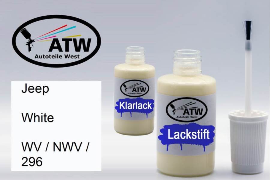 Jeep, White, WV / NWV / 296: 20ml Lackstift + 20ml Klarlack - Set, von ATW Autoteile West.